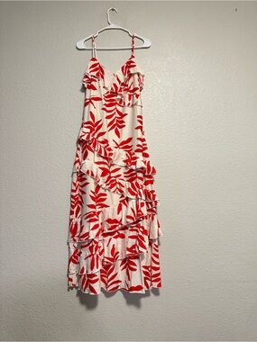 Ember Women’s Red Leaf Print Ruffle Midi Dress. M